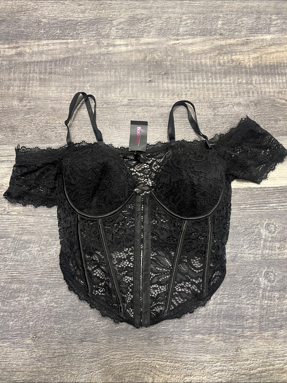 Bodyrage Black Lace Front Corset Bralette Off the Shoulder Sleeves